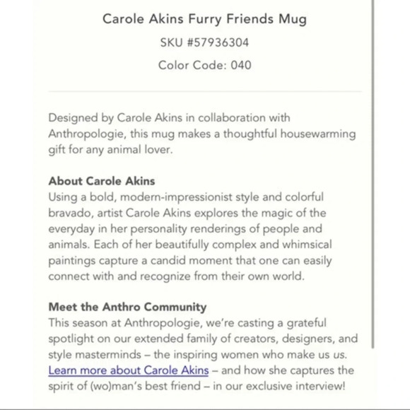 ANTHROPOLOGIE Carole Atkins Furry Friend Mug - Picture 3 of 3